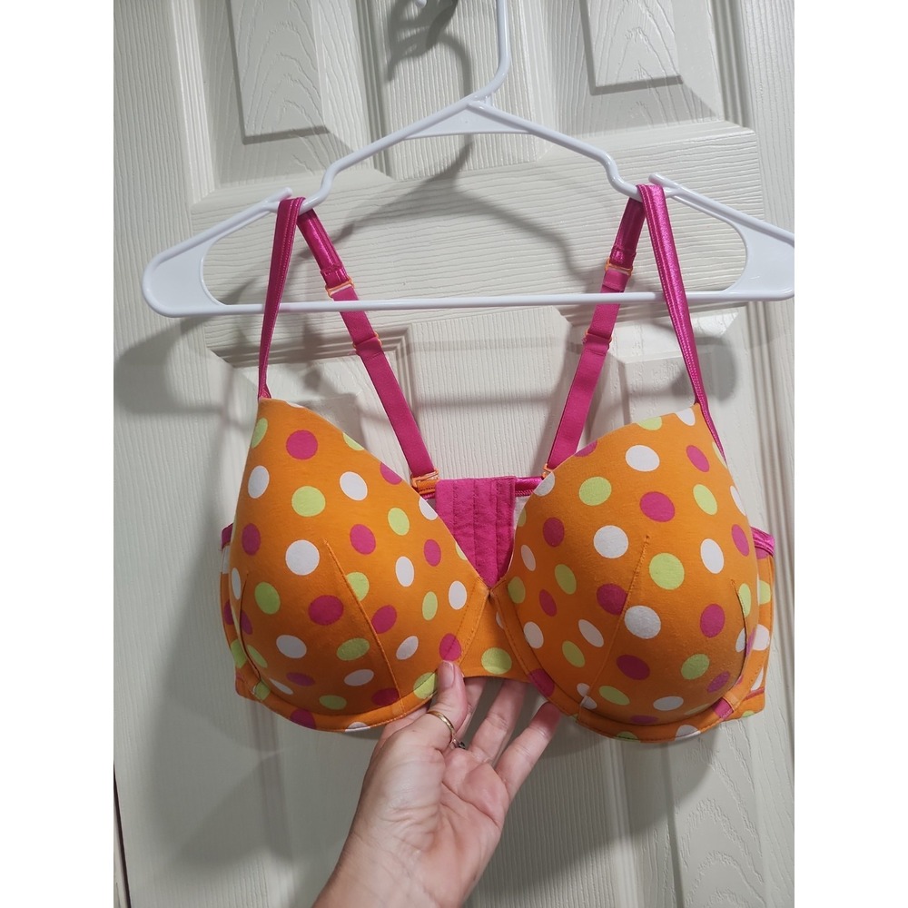 Cacique Bra Underwire Orange Hot Pink Polka Dots Cotton 40DDD Convertible Straps - Picture 5 of 15